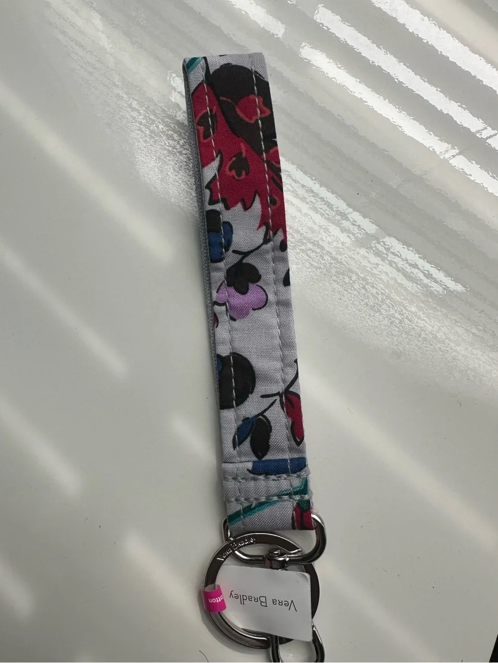 Vera Bradley White Floral Wrist Lanyard with Red, Blue & Purple Flowers